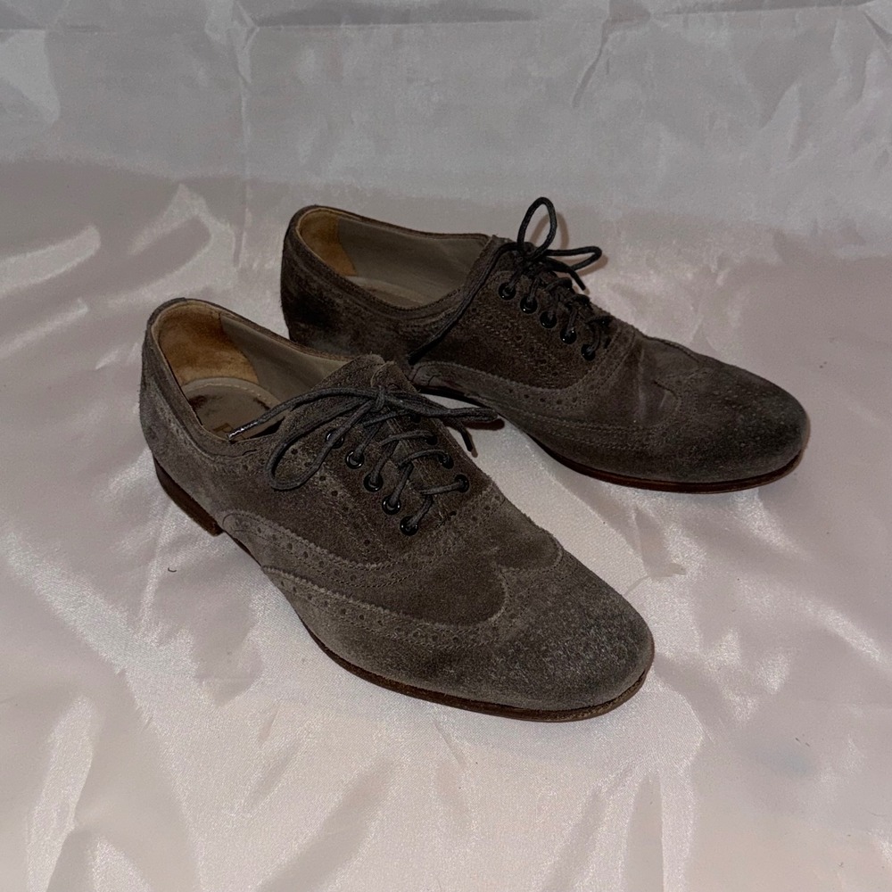 Prada Grey Suede Wingtip Oxfords Brogue Lace Up Shoes Size 36 Made in Italy
